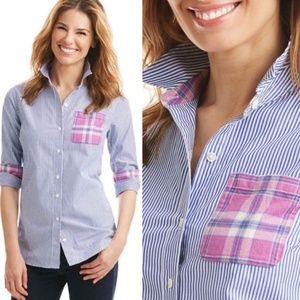 Preppy Plaid Poplin Stripe Combo Pocket Relaxed Dress Button Down